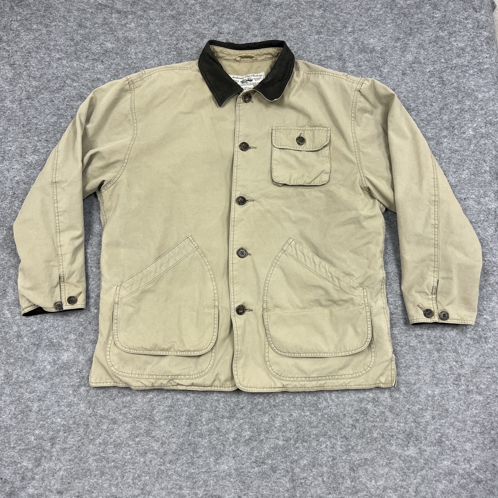 Vintage Gap Jacket Mens L Beige Canvas Chore Coat Plaid Lined Leather Collar